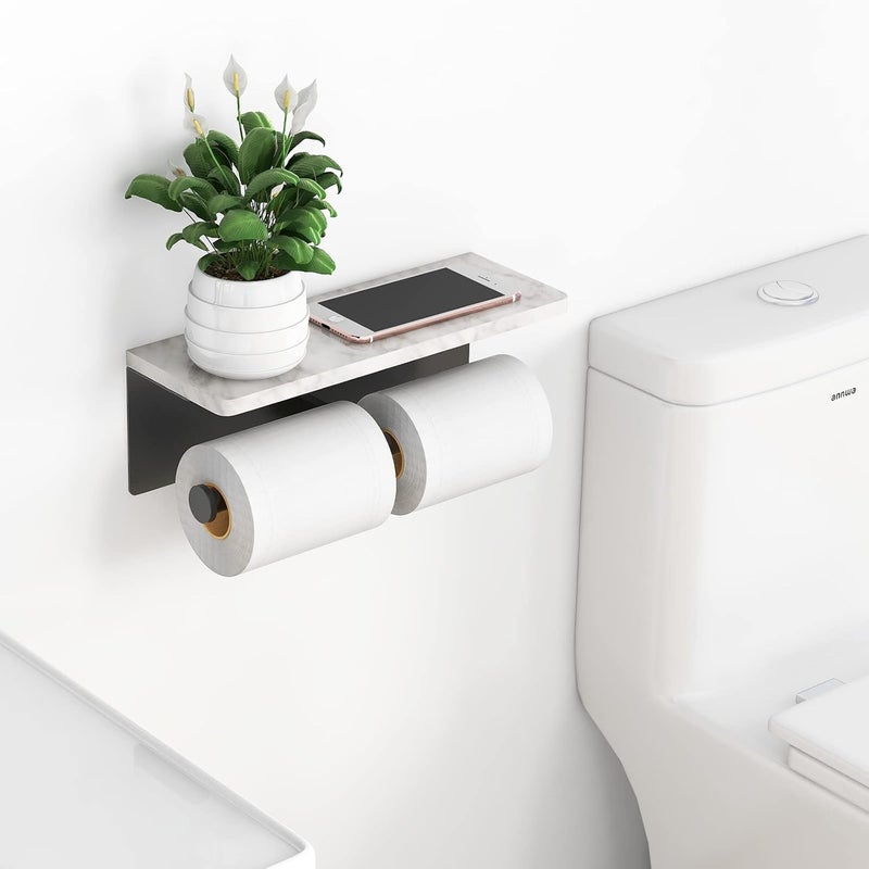 Gypie Toilet Paper Holder with Shelf, New Upgrade Double Toilet Paper Holder with Storage, Marble Roll Toilet Paper Wall Mount for Bathroom Washroom(Black) - Image 2